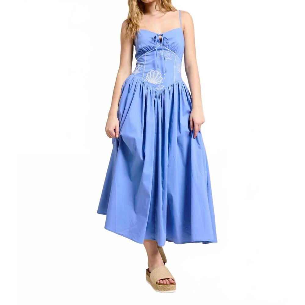 NEW FLAT WHITE ocean embroidered midi dress in blue